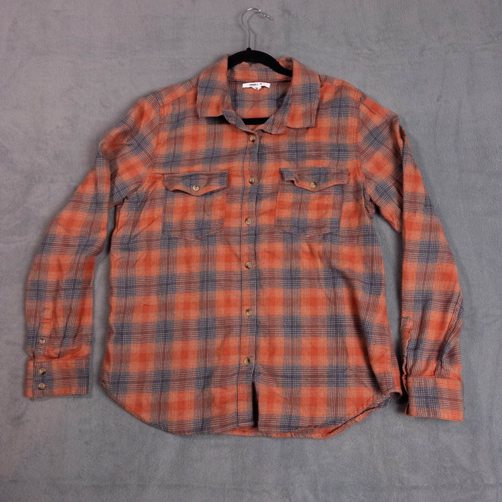 O'Neill Plaid Button Down Shirt Women Medium Orange Navy Blue Flannel
